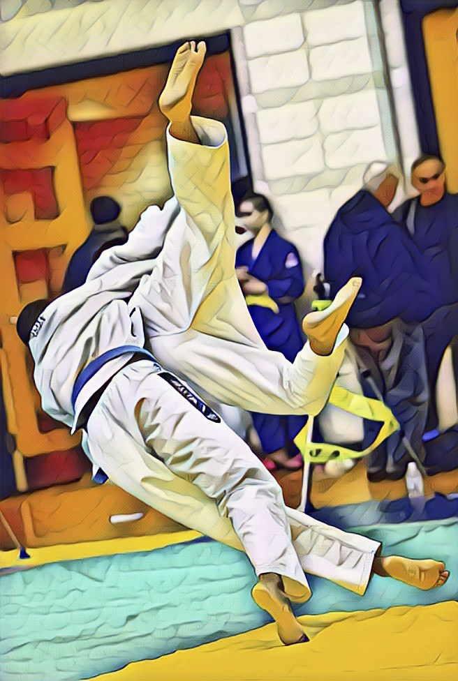 Stylized photograph of a standing judo throw