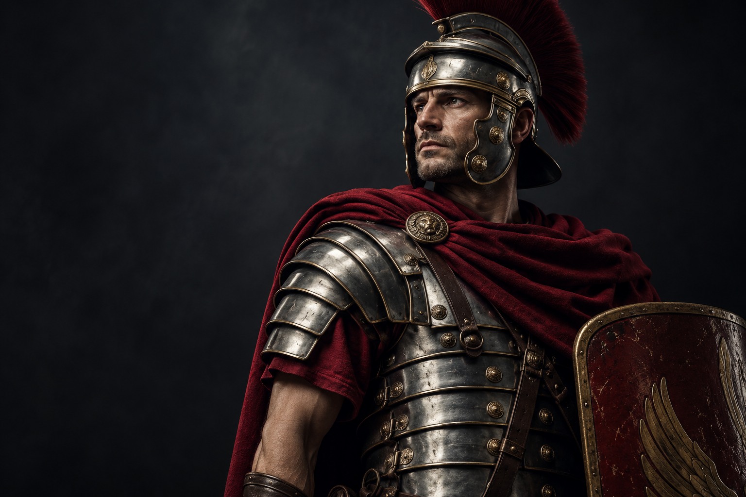 Roman legionnaire with a red-plumed helmet and red cloak