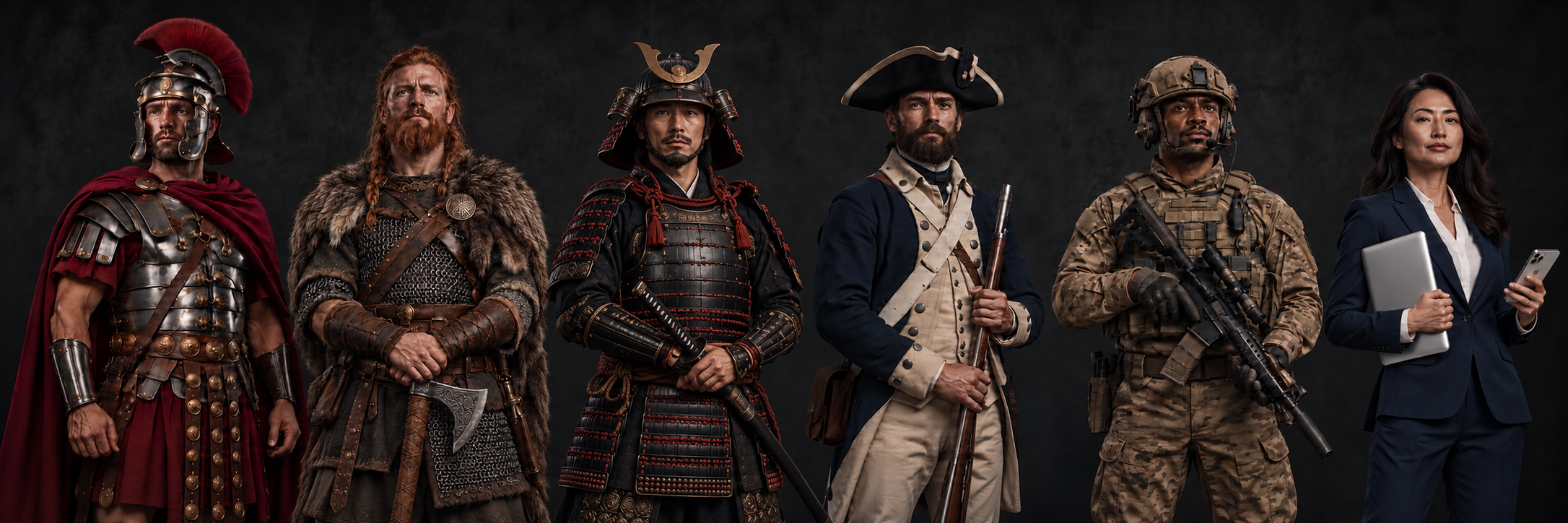Illustrated progression from a Roman legionnaire to a knight, a revolutionary-era soldier, a modern soldier, and a businesswoman